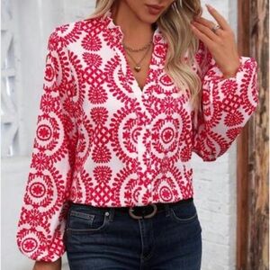 Shein Red Floral Embroidered Button Front Balloon Sleeve Scalloped Hem Blouse XS